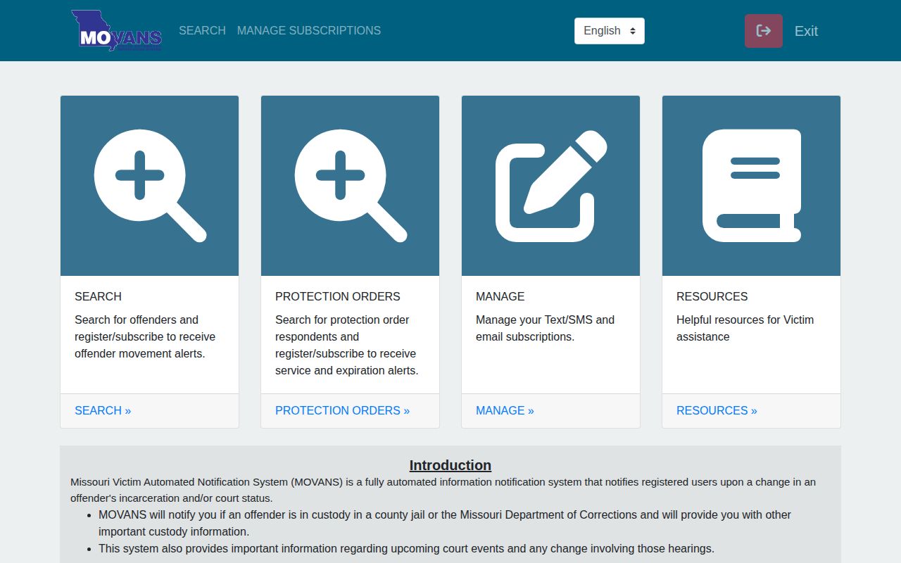 Missouri MOVANS custody notification website