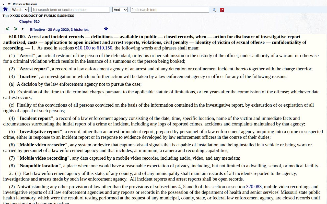 Official Missouri Revised Statutes section 610.100 arrest record page
