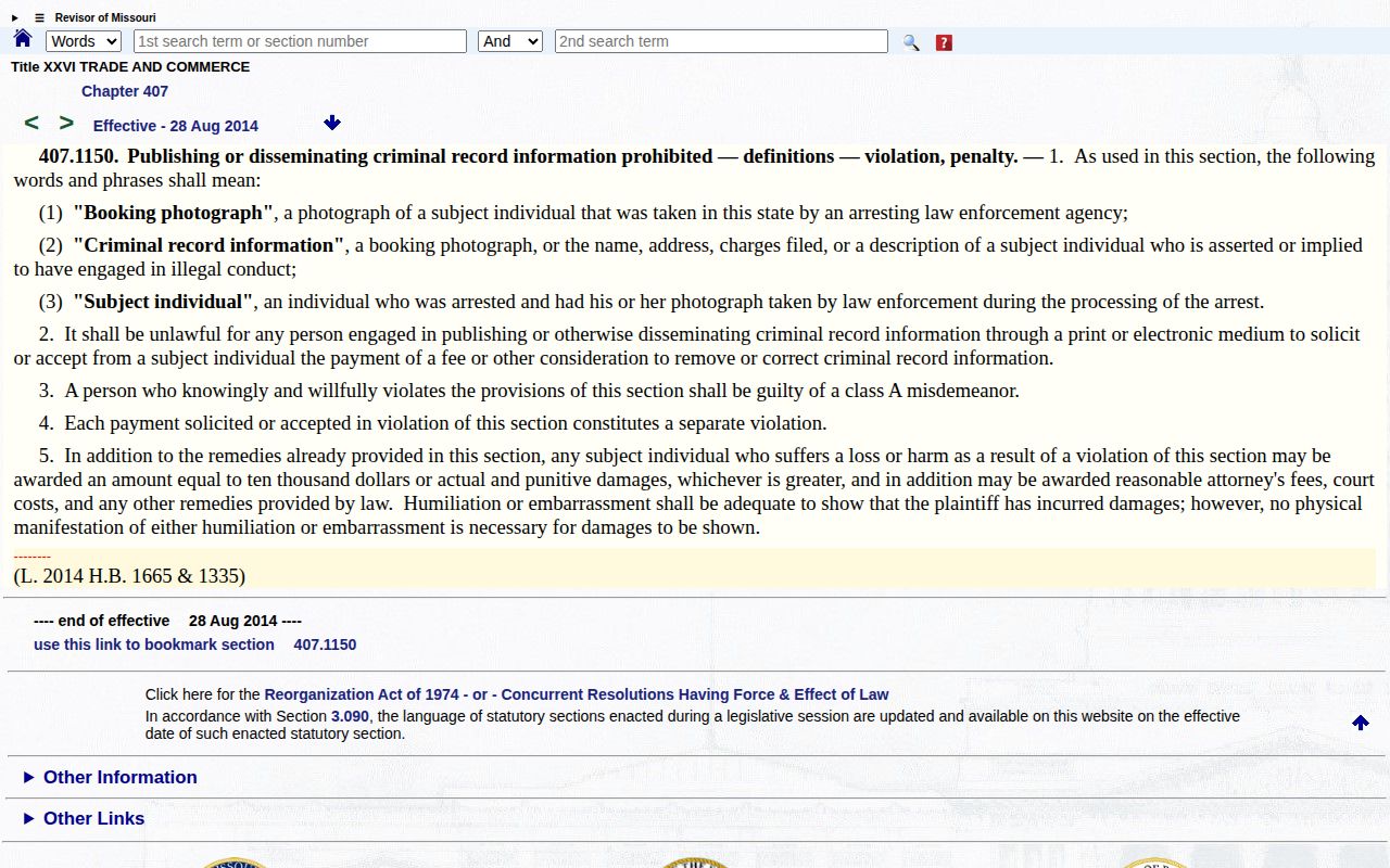 Missouri statute 407.1150 on booking photograph removal or correction for payment