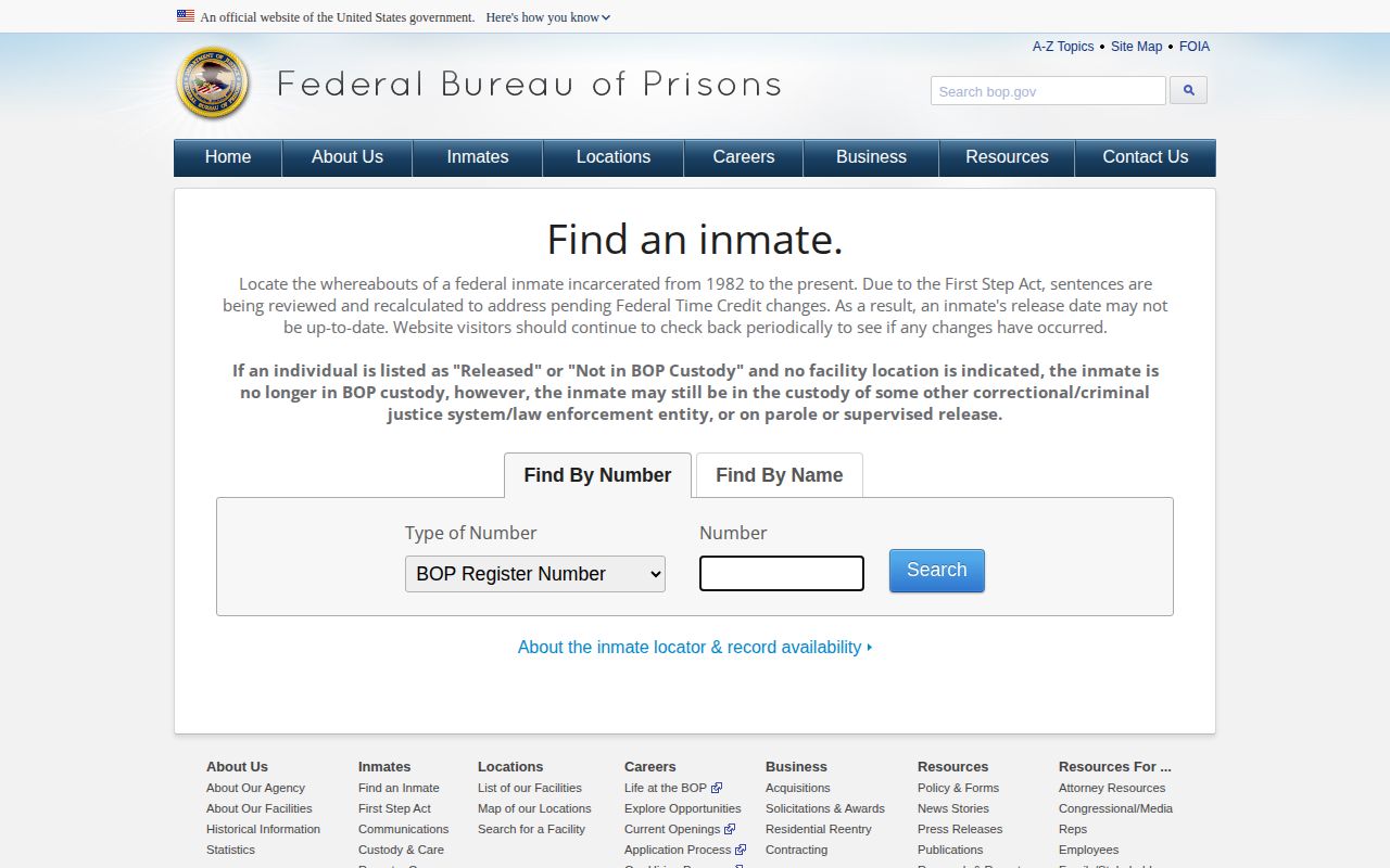 Federal Bureau of Prisons official inmate locator search page